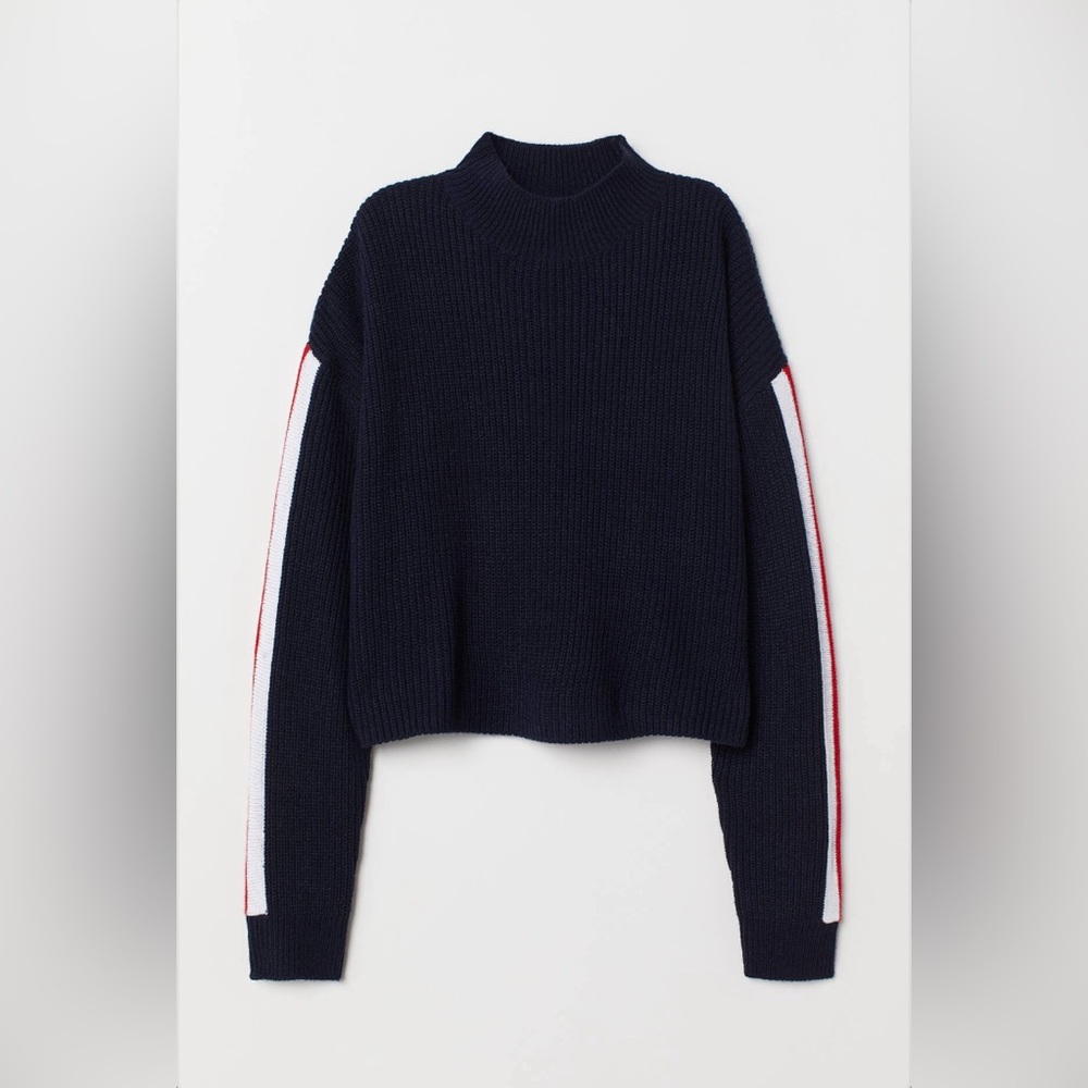 Navy Blue Sweater with Striped Sleeves